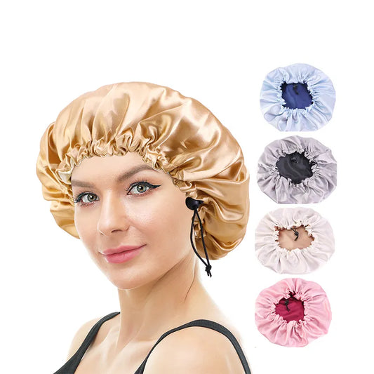 Neue, einfarbige, wendbare Satin-Haube für lockiges Haar, doppellagige, verstellbare Schlafmütze, elastische Haarmütze, Haarpflege-Nachtmütze