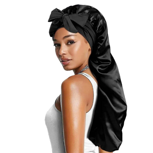 Neue lange übergroße elastische Satin-Schlafmütze für Damen mit Band, atmungsaktive Schlafmütze, Turban, Schlafkopfbedeckung, Bandanas