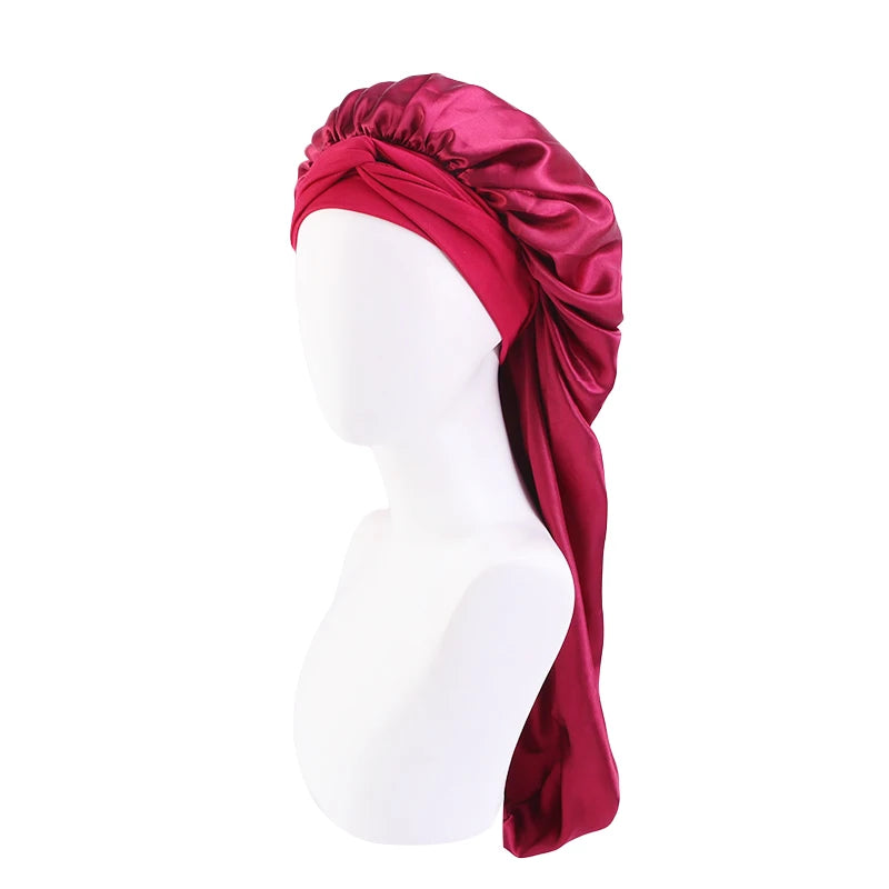 Neue lange übergroße elastische Satin-Schlafmütze für Damen mit Band, atmungsaktive Schlafmütze, Turban, Schlafkopfbedeckung, Bandanas